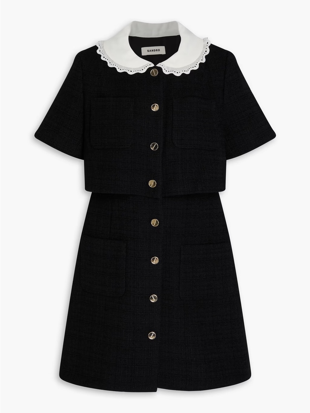 Sandro Broderie anglaise-trimmed tweed mini shirt dress